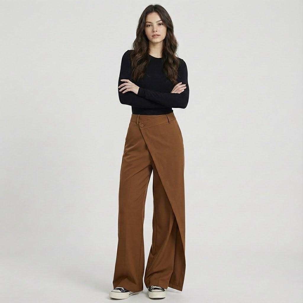 Calças assimétricas de alfaiataria | Corte largo | Fecho duplo contemporâneo