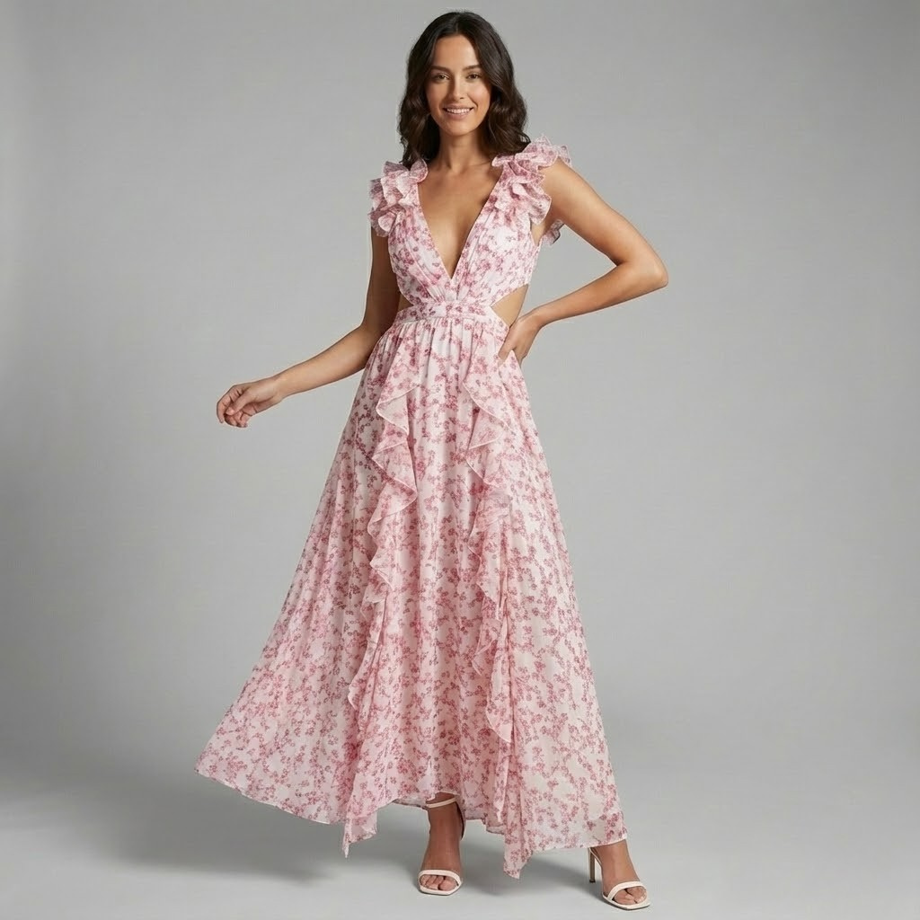 Vestido maxi elegante em tecido fluido | Corte cintado | Detalhes românticos