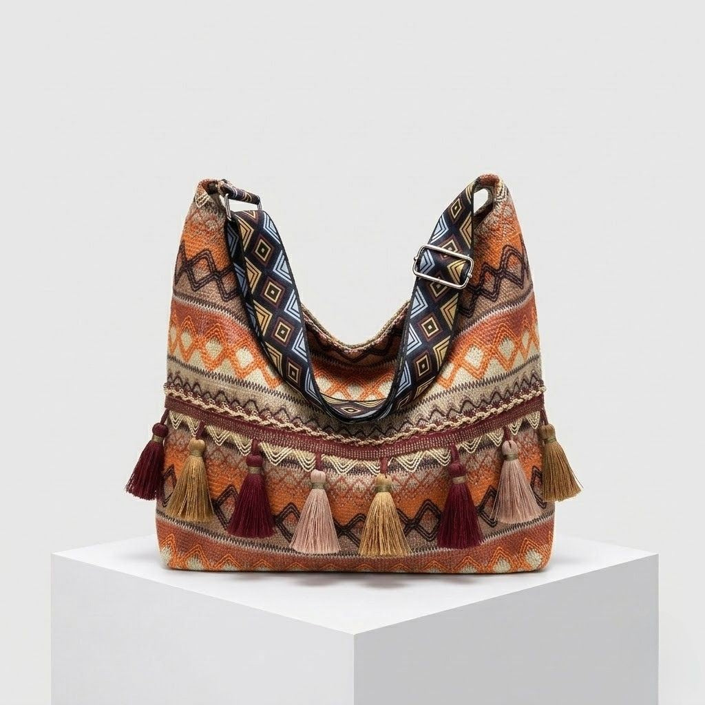 Mala de Ombro Boho com Padrão Étnico e Detalhes Decorativos