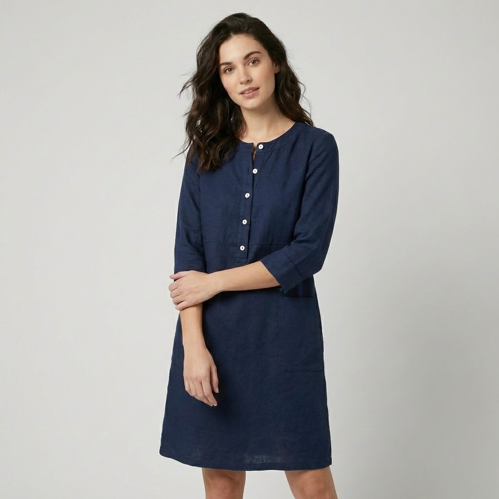 Vestido midi em linho natural | Corte direito | Elegância intemporal