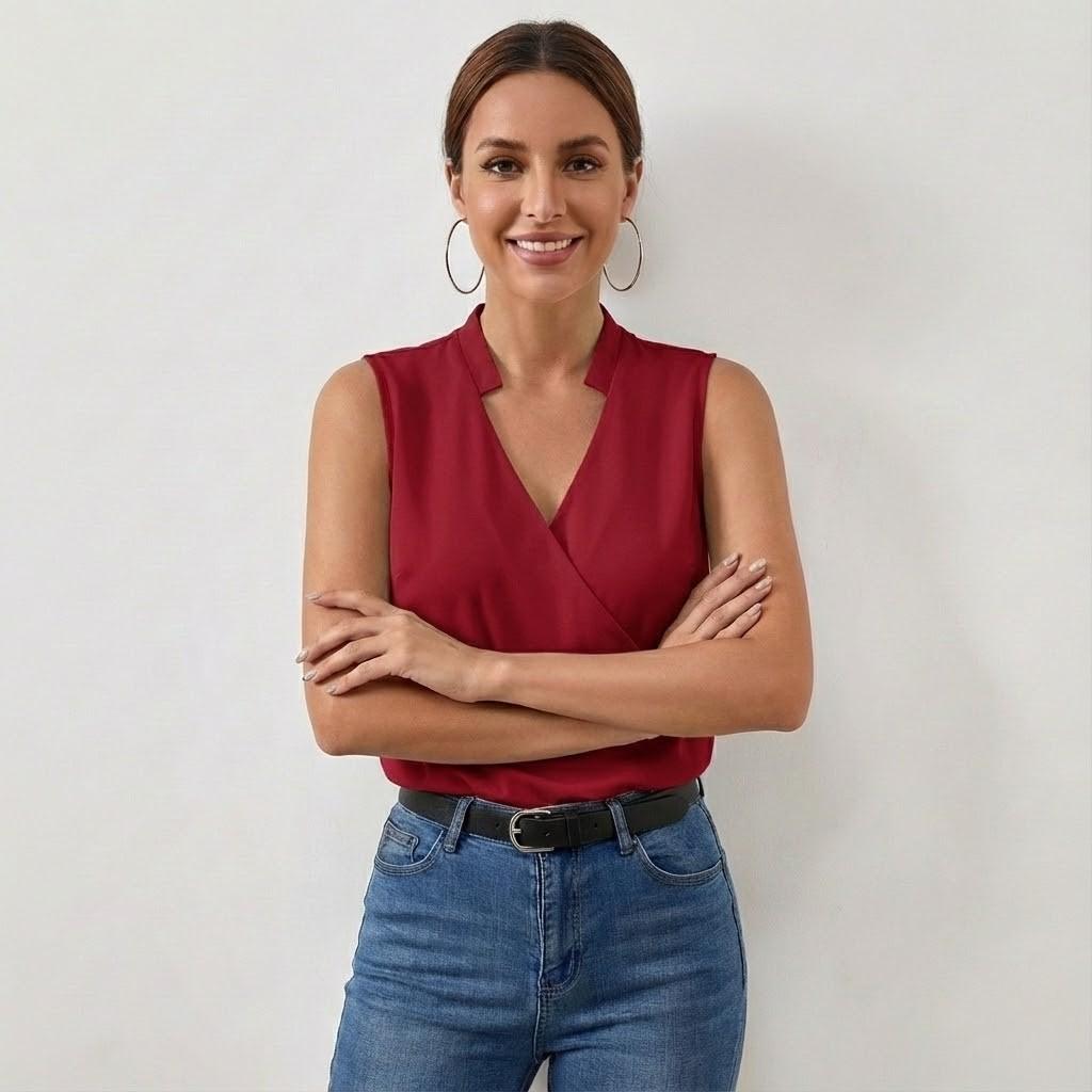 Blusa cruzada sem mangas com decote em V