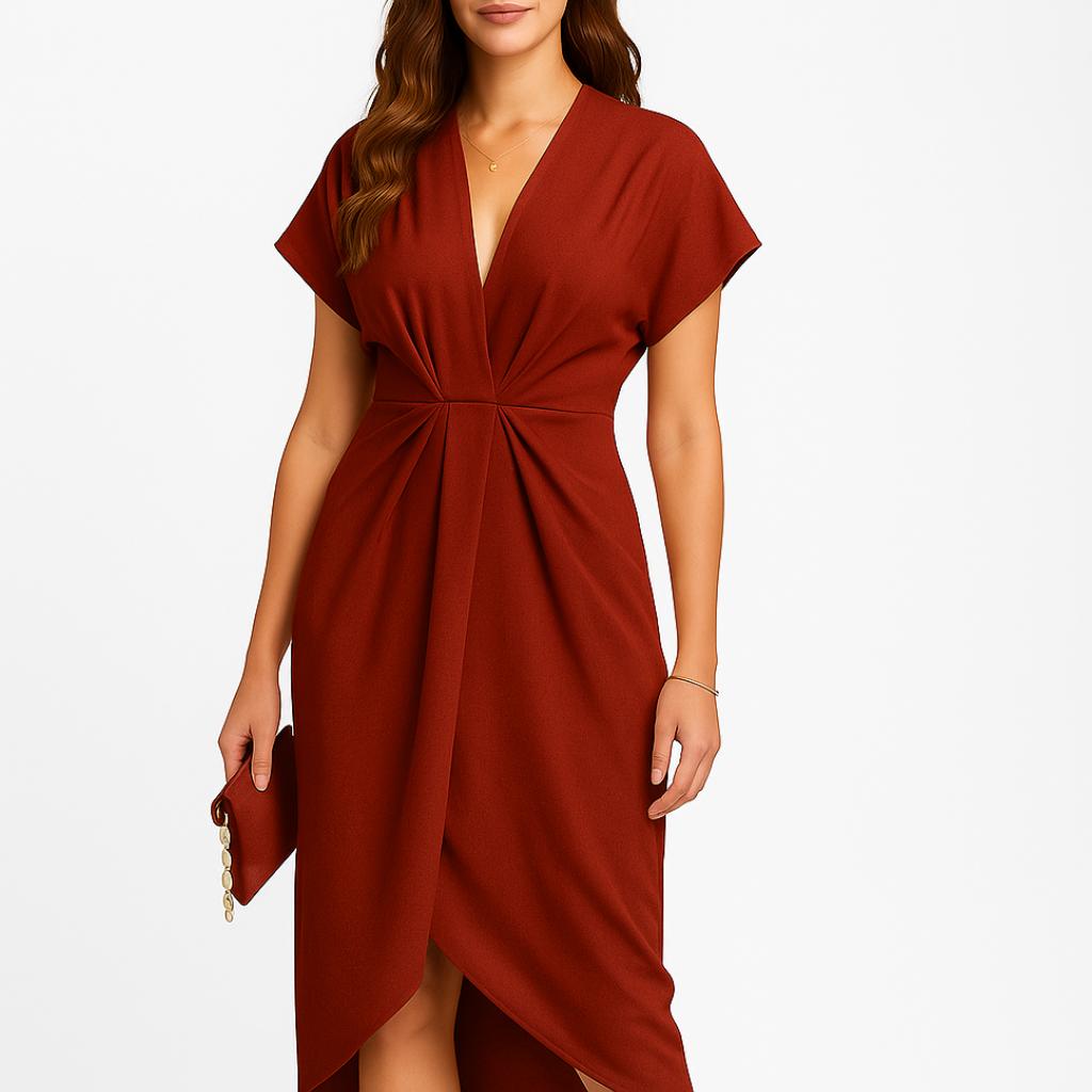 Vestido midi elegante com decote em V e abertura frontal