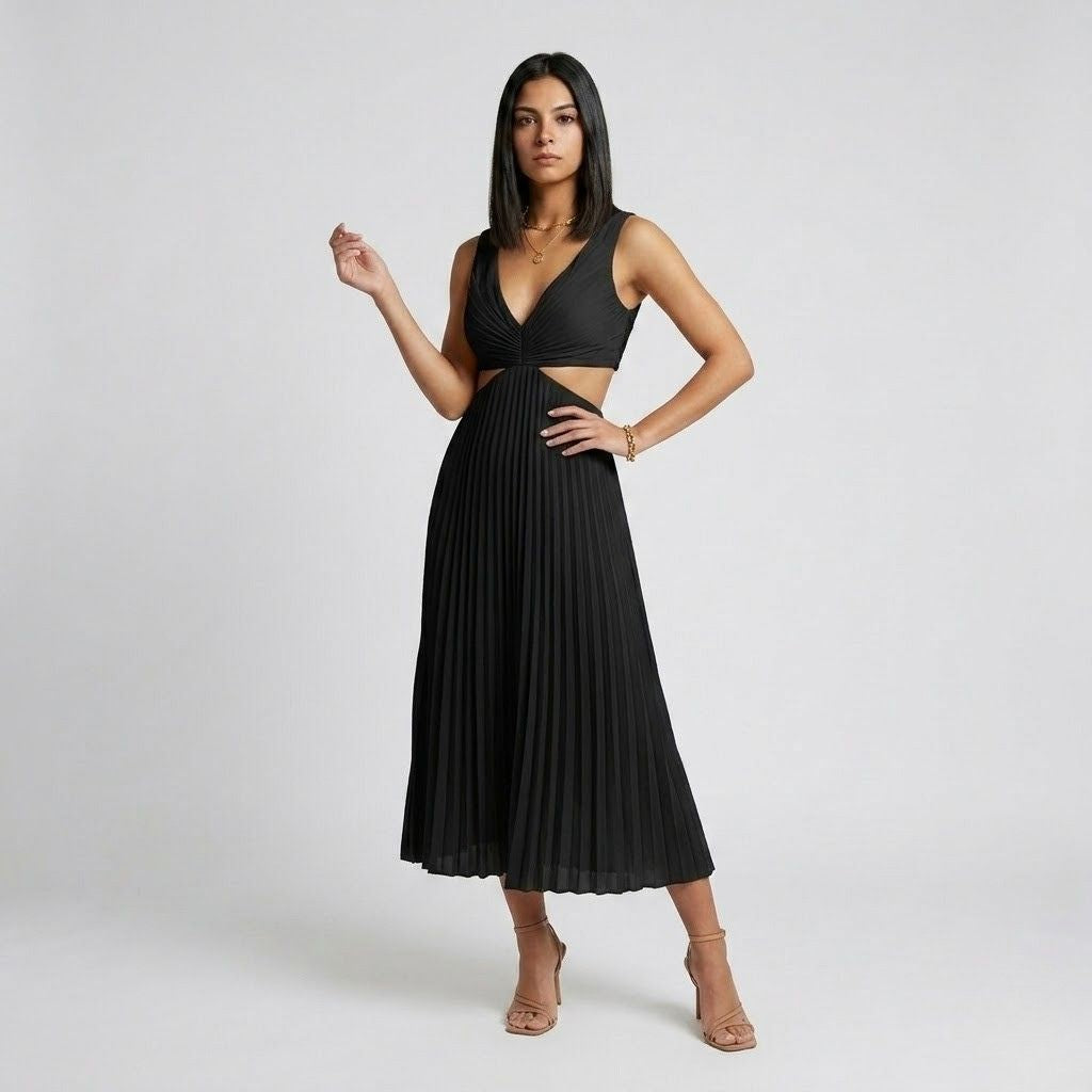 Vestido Midi Fluido com Decote Profundo e Recortes Laterais Elegantes