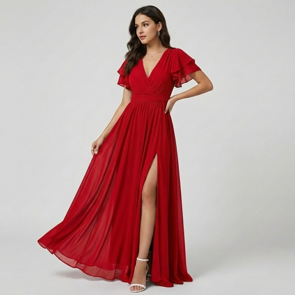 Vestido longo elegante em tecido fluido | Decote em V | Detalhe de folhos