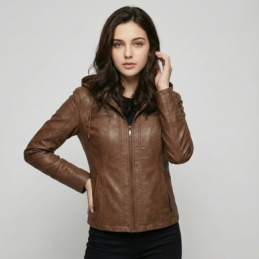 Jaqueta urbana em pele sintética | Corte cintado | Capuz funcional