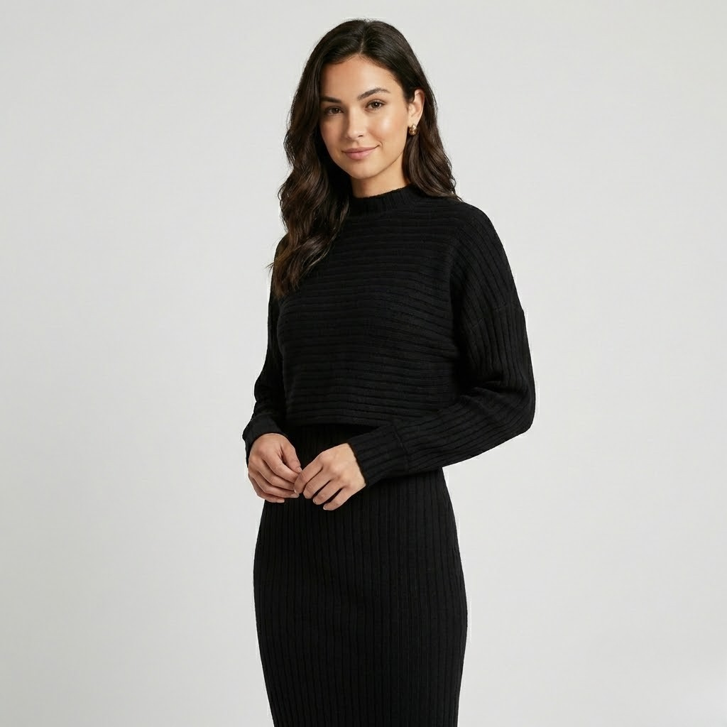 Set elegante em malha canelada | Ajuste feminino | Essencial intemporal