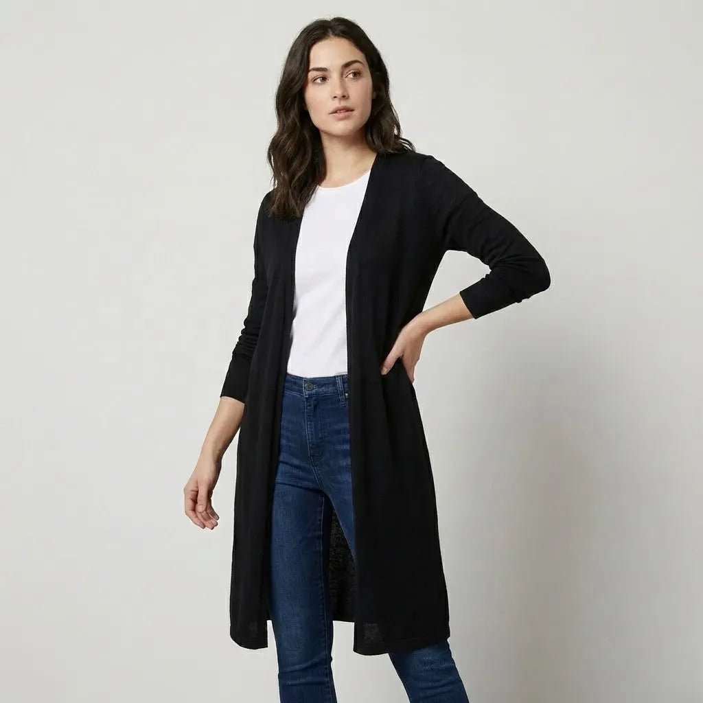 Casaco cardigan leve em malha fluida | Corte alongado | Elegância descontraída