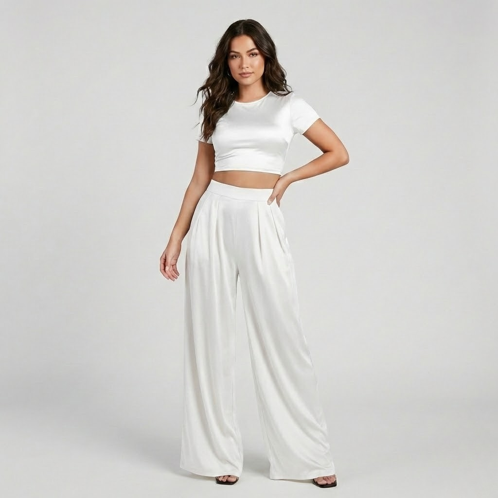 Set fluido contemporâneo | Top curto e calças largas | Elegância moderna