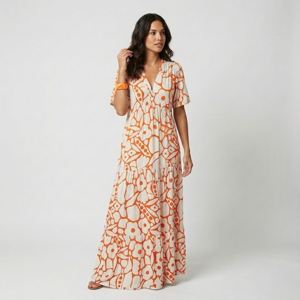 Vestido midi fluido em viscose | Corte solto com decote em V | Frescura de verão