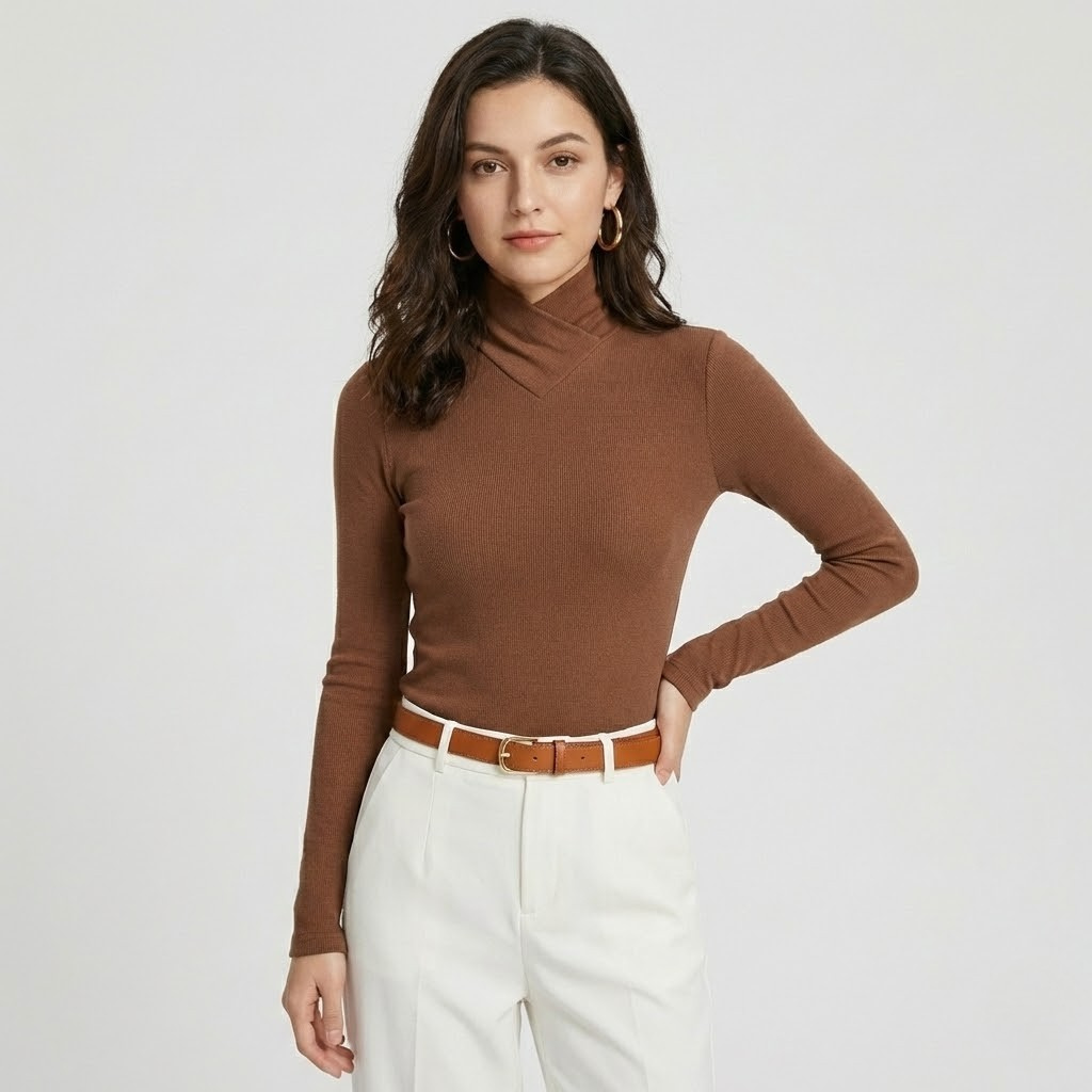 Camisola de malha fina em mistura de viscose | Corte ajustado | Gola estruturada elegante