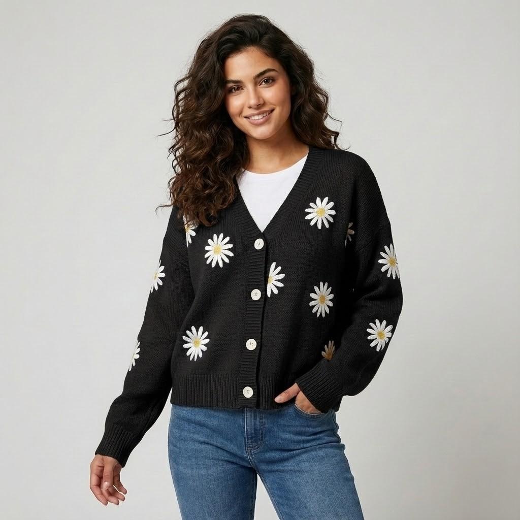 Cardigan Feminino em Malha com Botões e Padrão Floral