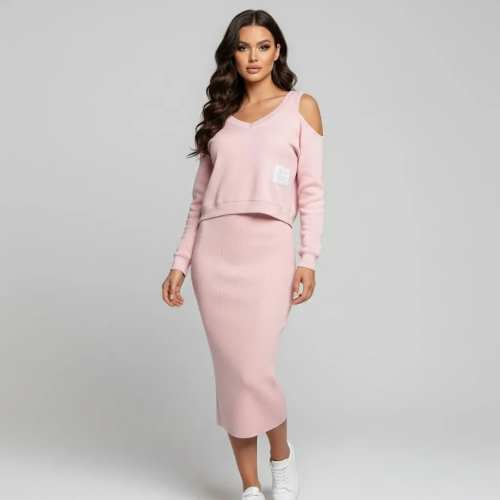 Conjunto elegante em mistura suave | Saia midi e sweatshirt curta | Estilo urbano sofisticado
