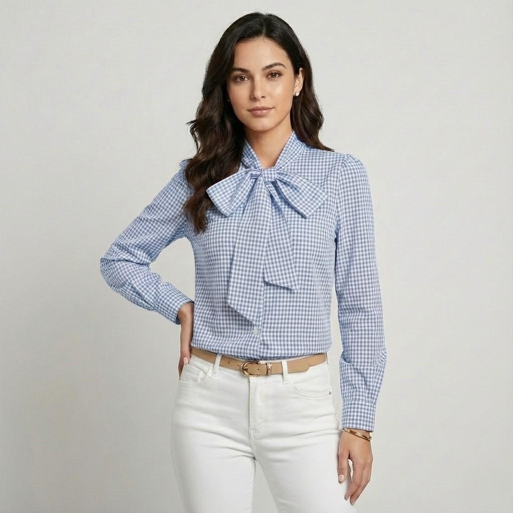 Blusa elegante em mistura de algodão | Corte direito | Laço decorativo no decote