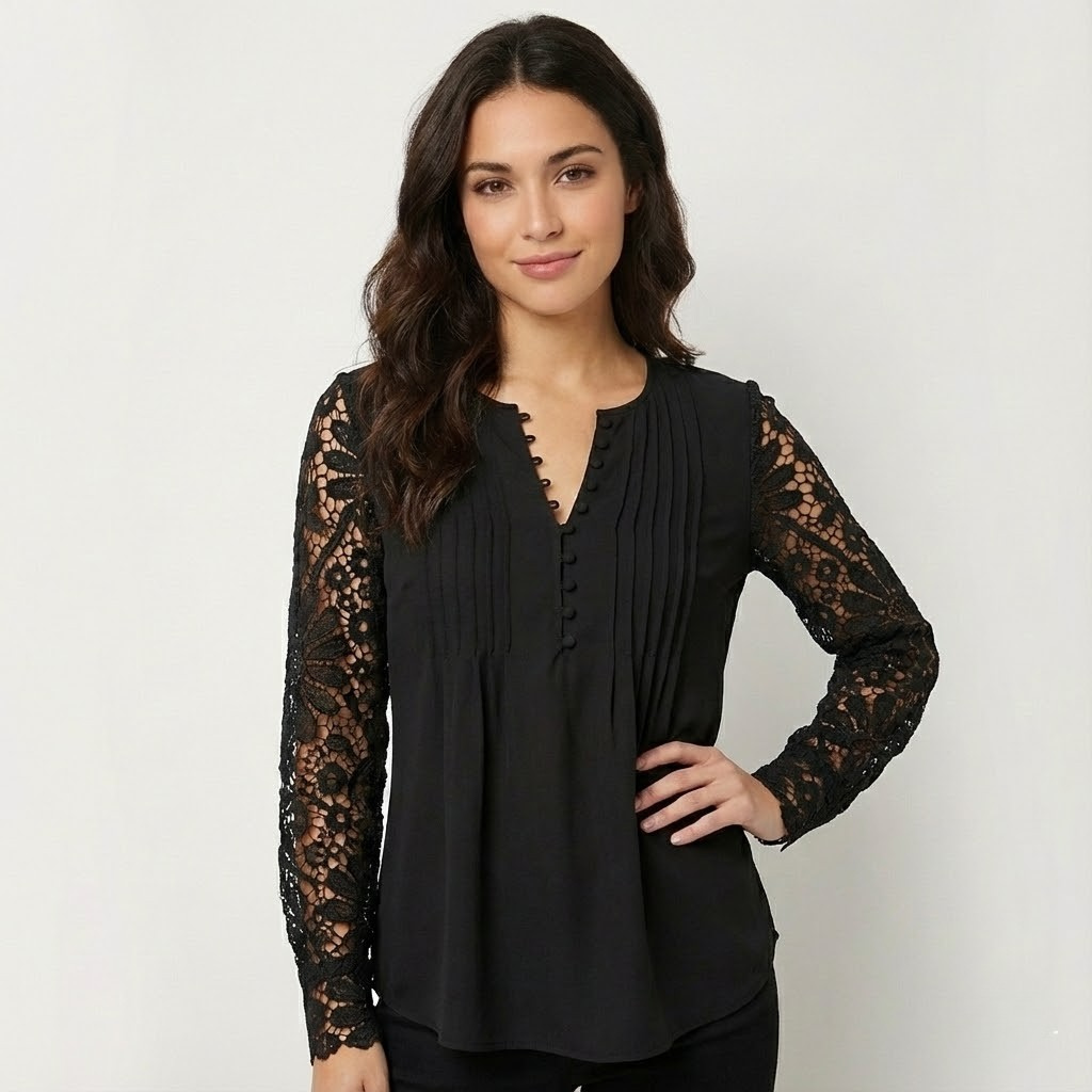 Blusa elegante com mangas em renda | Corte fluido | Feminilidade delicada