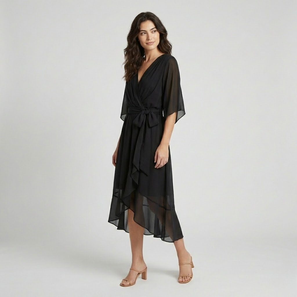 Vestido midi fluido em mistura de viscose | Corte envolvente | Cintura com laço ajustável