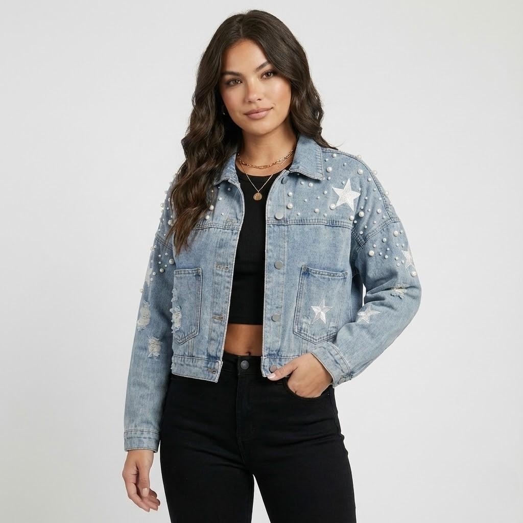 Casaco casual em mistura de algodão | Corte descontraído | Detalhes bordados decorativos