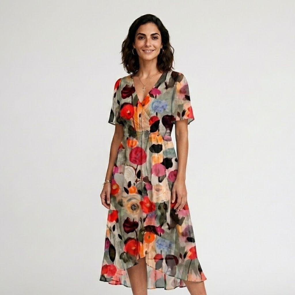 Vestido Midi Fluido com Decote Cruzado e Manga Leve