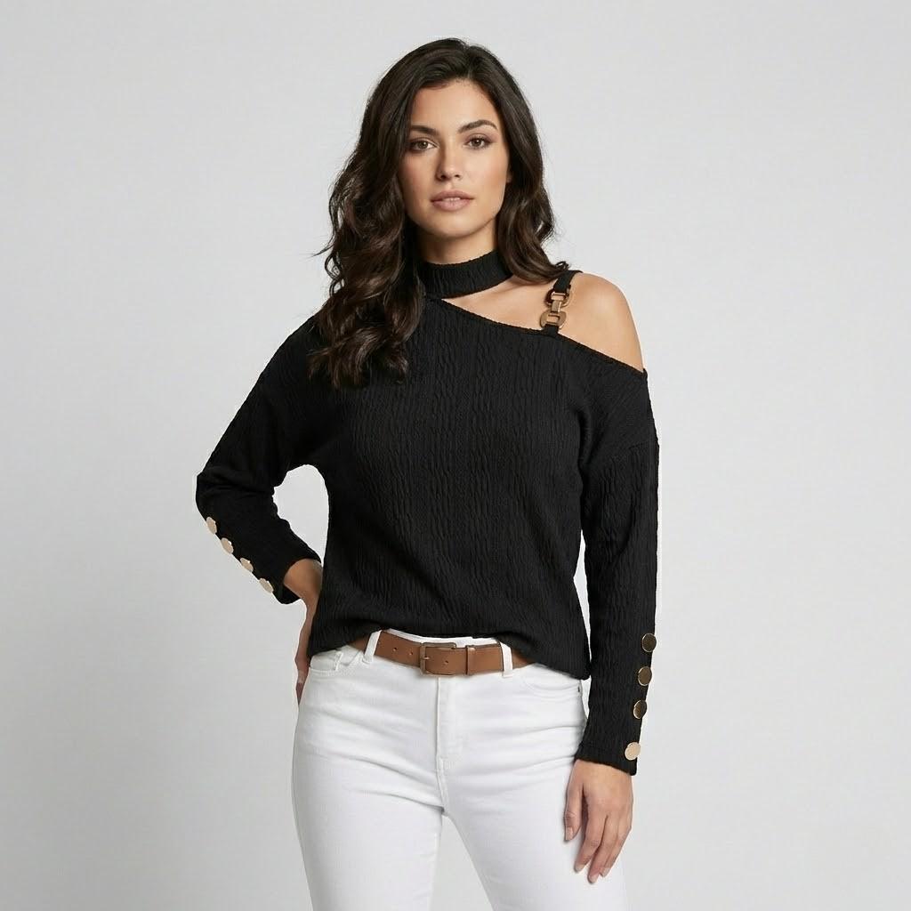 Camisola de malha texturada com decote assimétrico | Corte descontraído | Detalhe de alça com fivela