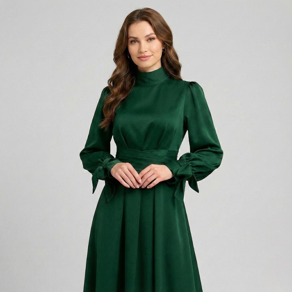 Vestido comprido elegante de mulher com gola alta e manga comprida fluida