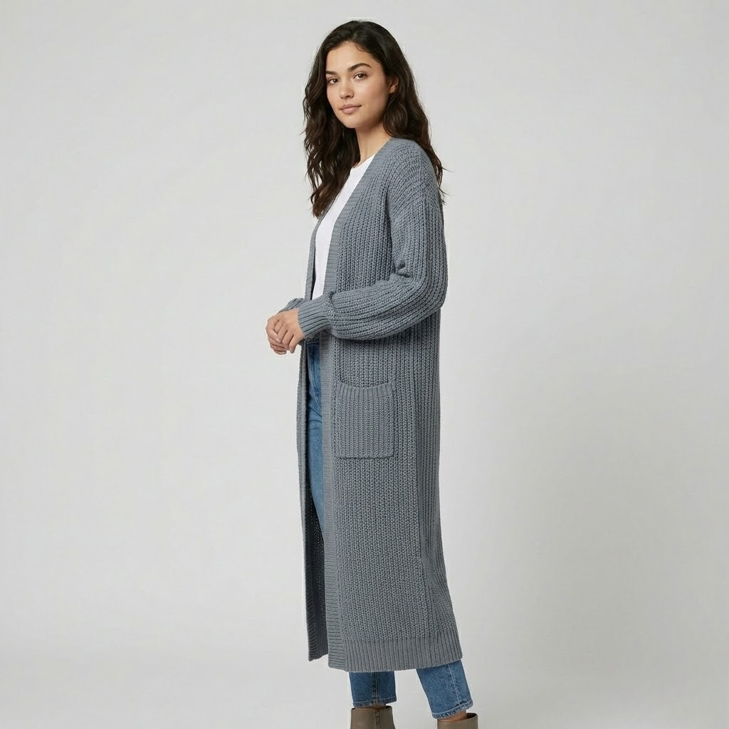 Cardigan longo em malha texturada | Corte solto | Estilo urbano elegante