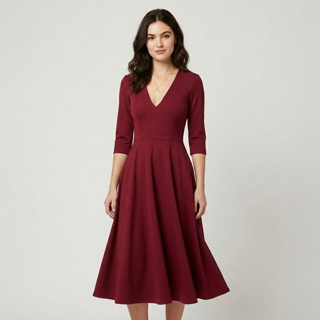 Vestido midi fluido em mistura de viscose | Cintura marcada | Decote em V elegante