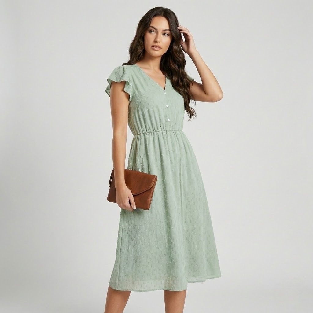 Vestido midi fluido em algodão texturado | Corte cintado | Delicadeza romântica