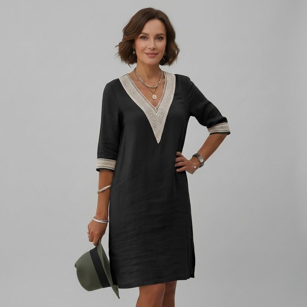 Vestido feminino casual em corte direito com decote em V