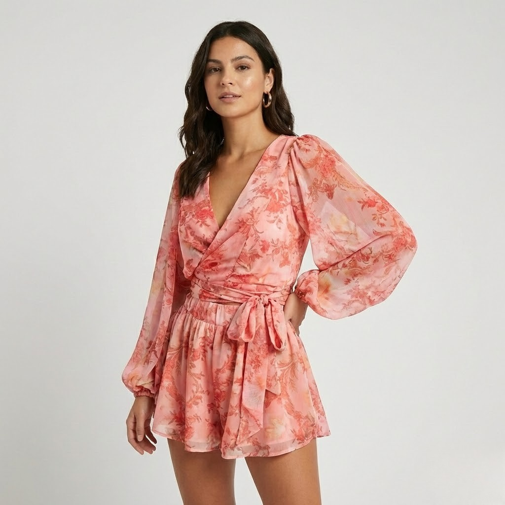 Macacão curto fluido com estampado tropical | Corte solto | Espírito de verão