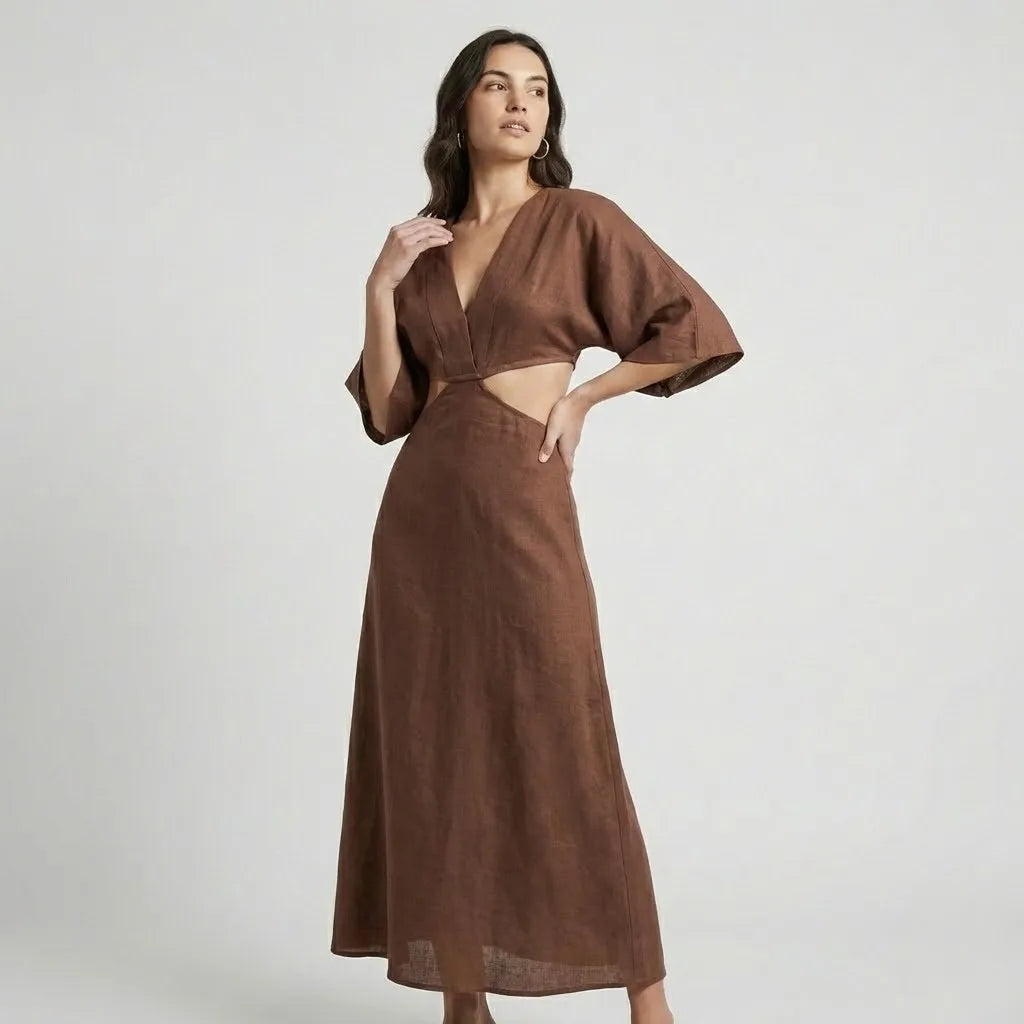 Vestido midi fluido em mistura de algodão | Recortes na cintura | Elegância boémia