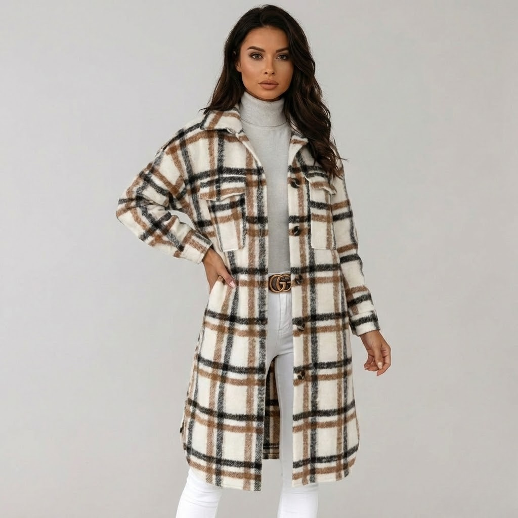 Casaco xadrez em mistura de lã | Corte direito | Estilo casual elegante