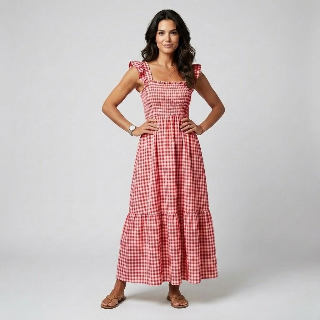 Vestido midi com padrão vichy em mistura de algodão | Corte cintado | Elegância leve de verão