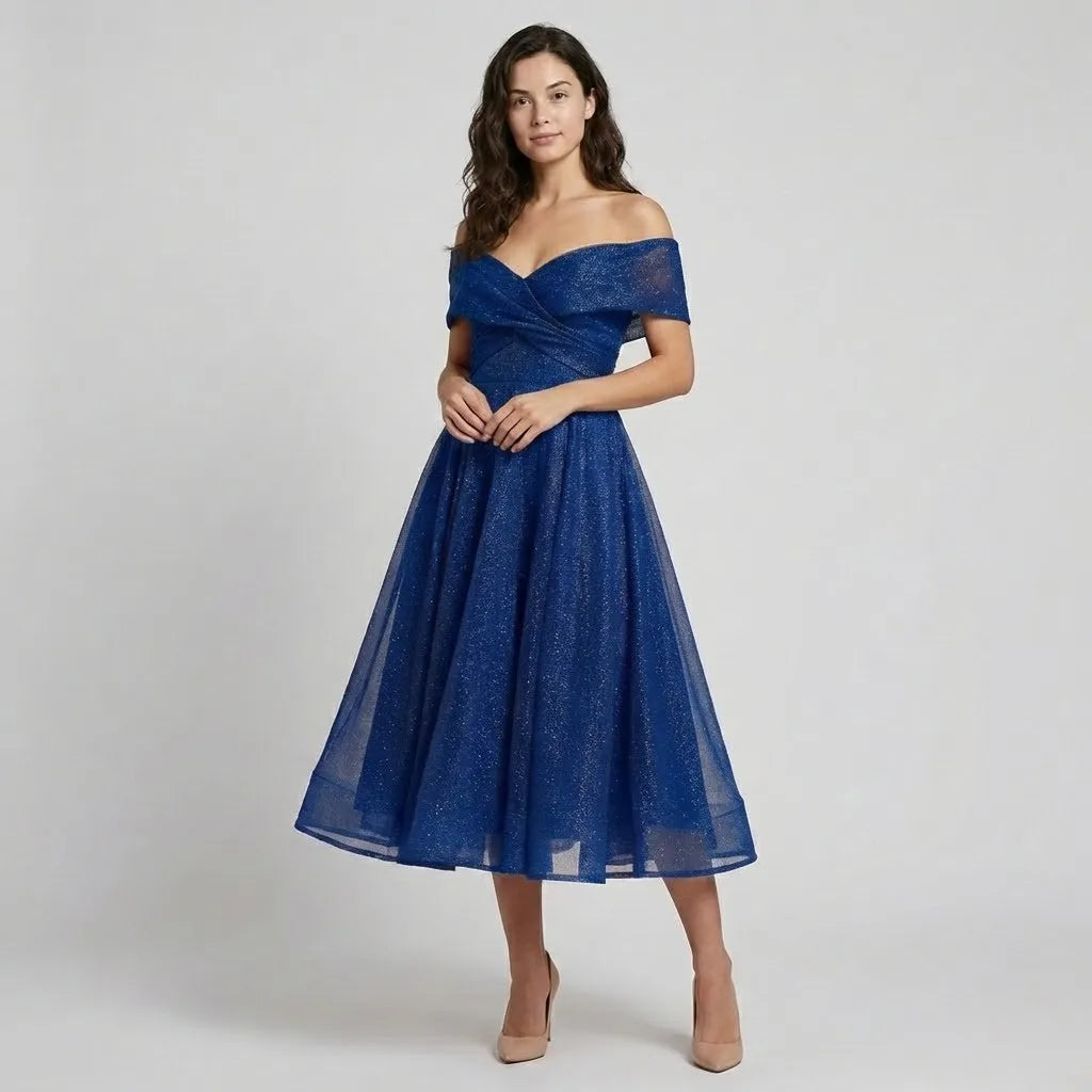 Vestido Midi Rodado | Decote Ombro a Ombro | Organza