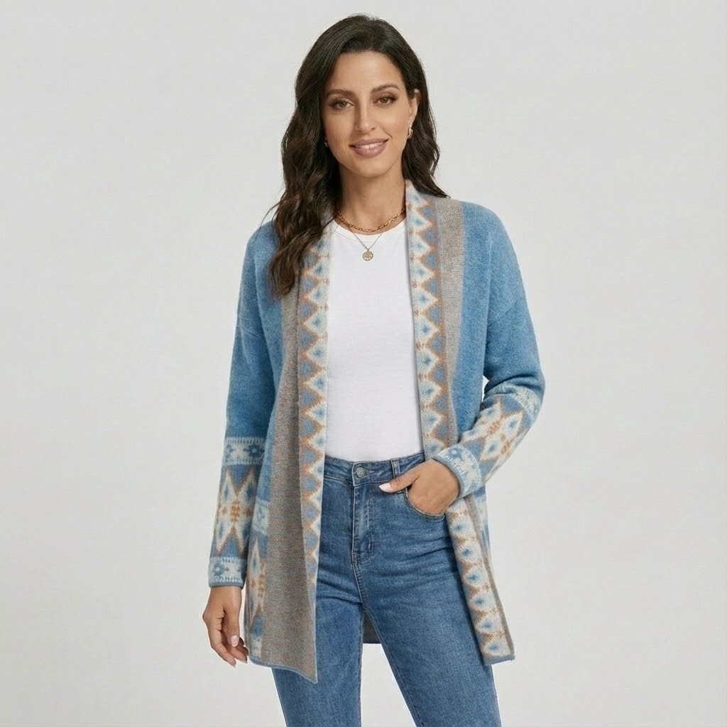 Cardigan fluido em malha suave | Corte solto | Padrão inspirado no boho