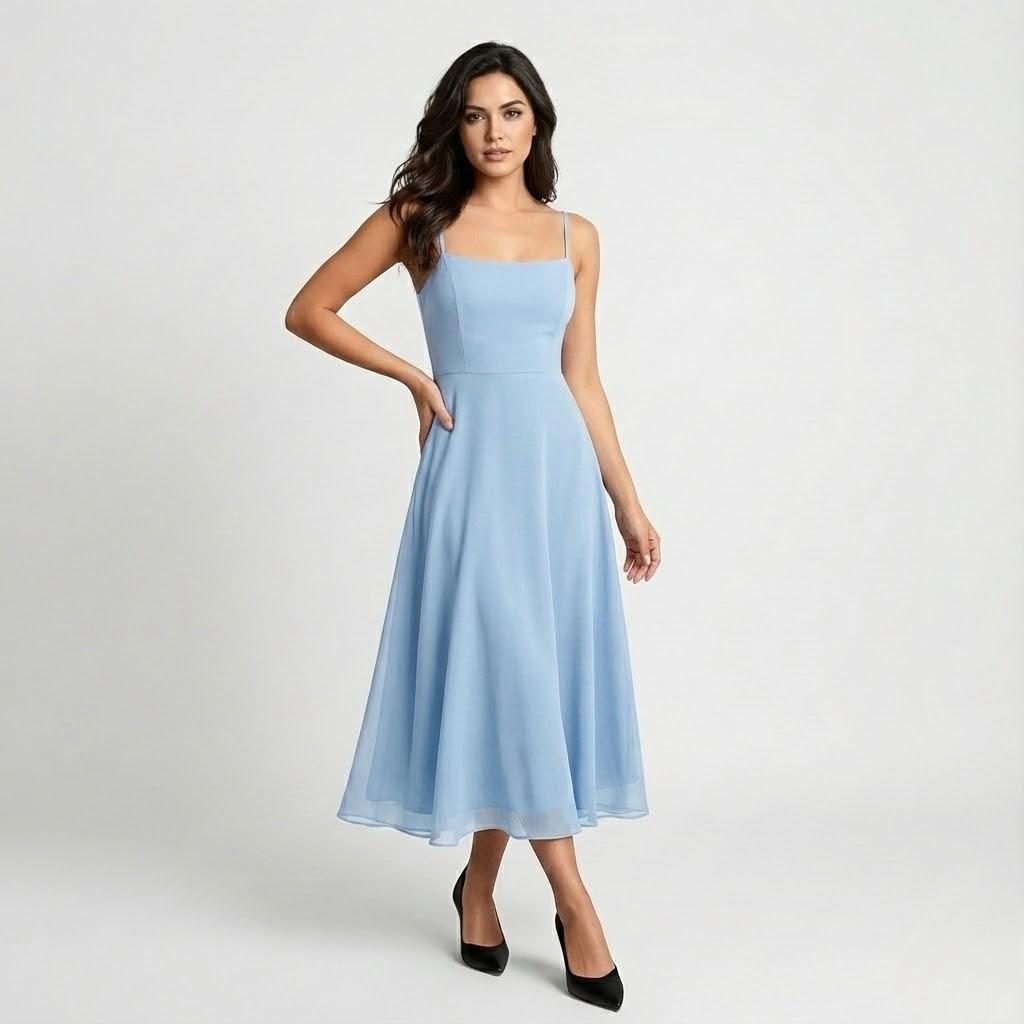 Vestido midi elegante em mistura de viscose | Corte fluido evasé | Estilo feminino intemporal