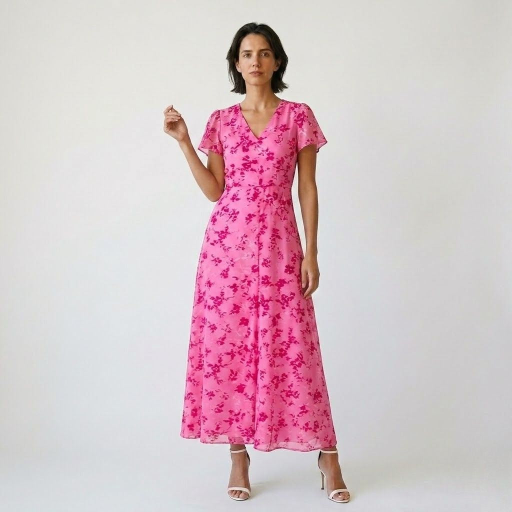 Vestido Comprido Fluido com Manga Curta e Decote em V Elegante