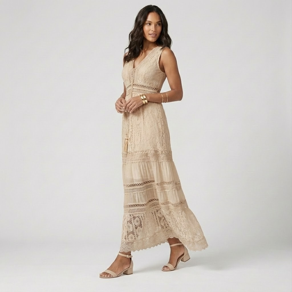 Vestido maxi boémio em tecido leve | Decote em V | Elegância natural