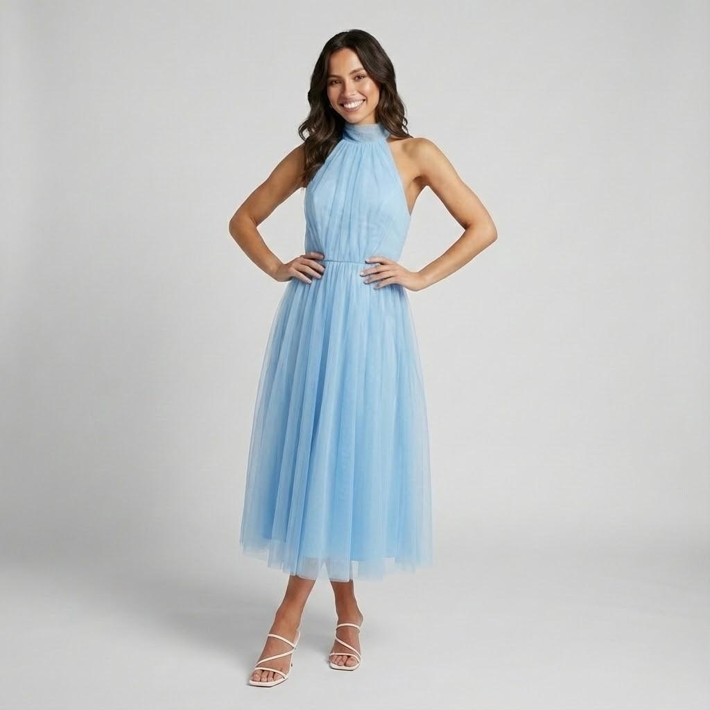 Vestido elegante de gola halter em tecido fluido | Corte midi | Silhueta leve e sofisticada
