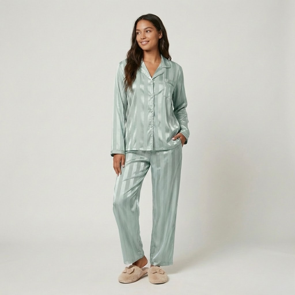 Conjunto pijama acetinado com padrão riscado | Corte fluido | Elegância relaxada