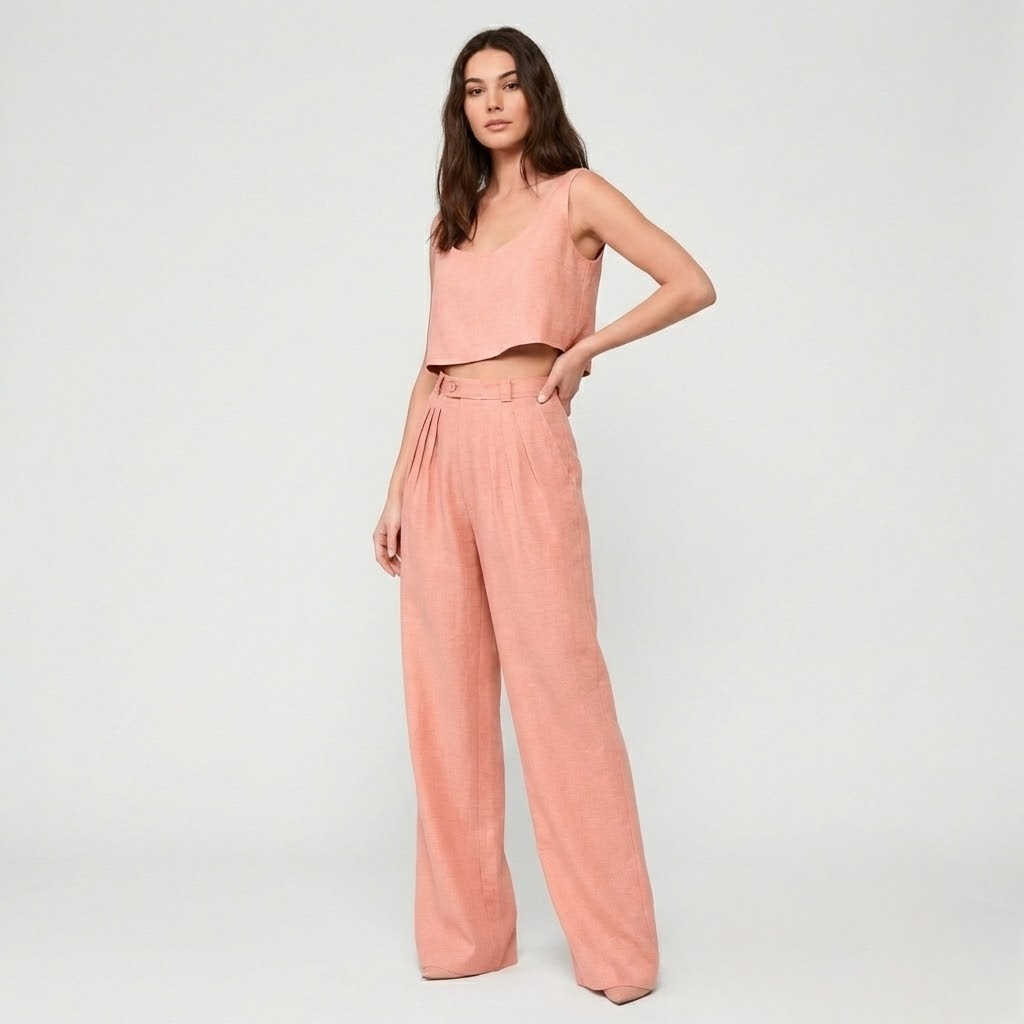 Set leve de verão em textura suave | Top curto e calças largas | Elegância natural