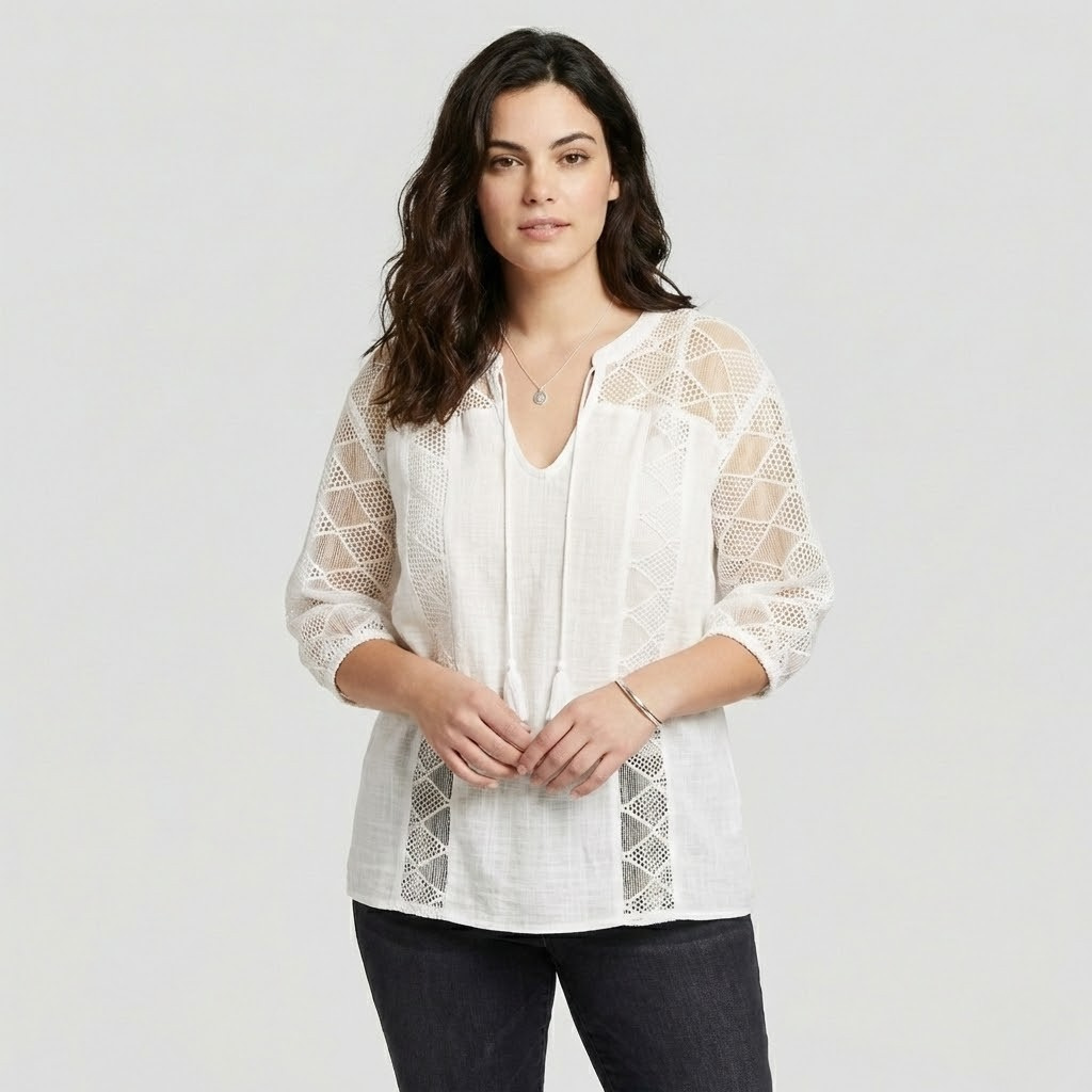 Túnica leve em algodão com rendado delicado | Corte solto | Frescura de verão