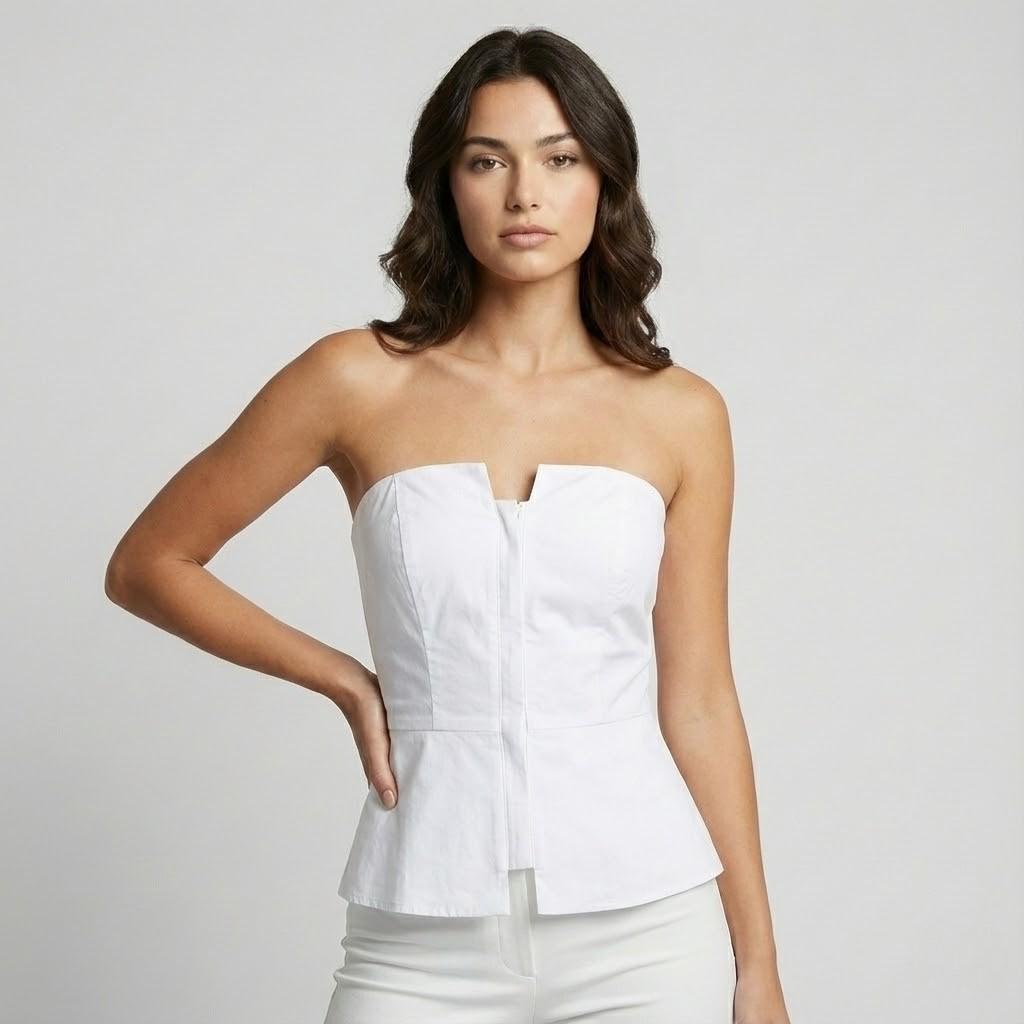 Top bustier elegante em viscose estruturada | Corte cintado com peplum | Sofisticação moderna