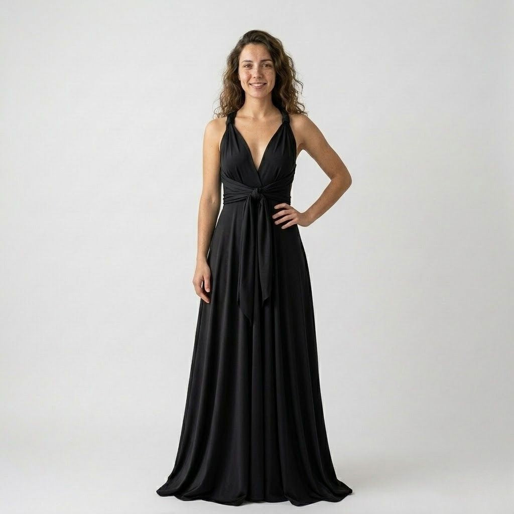 Vestido comprido fluido com decote halter e efeito drapeado