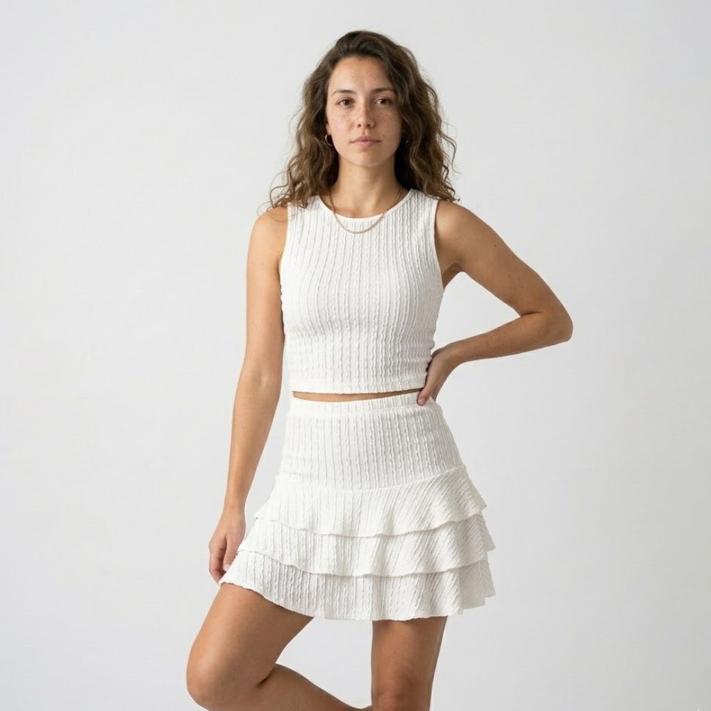 Conjunto Estruturado com Top Ajustado e Saia com Folhos Dinâmicos