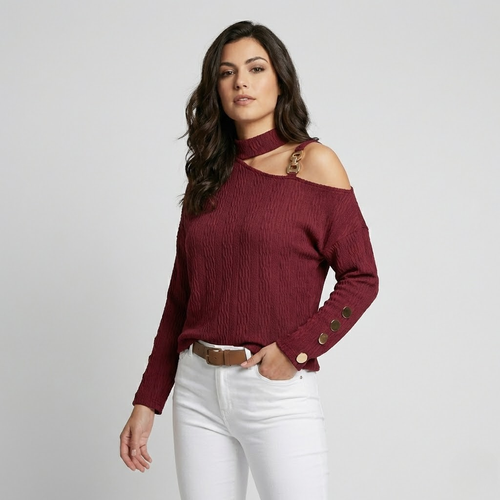 Camisola de malha texturada com decote assimétrico | Corte descontraído | Detalhe de alça com fivela