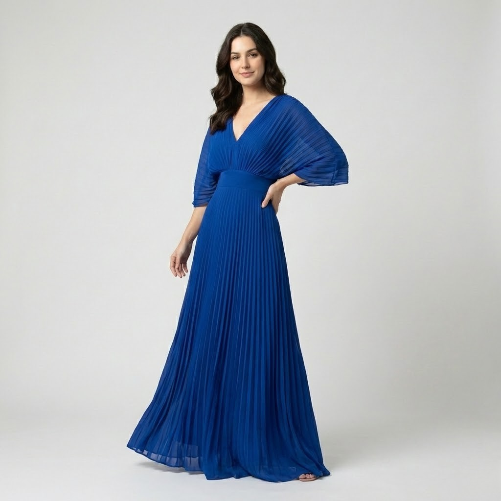 Vestido maxi plissado em mistura de viscose | Decote em V | Elegância luminosa