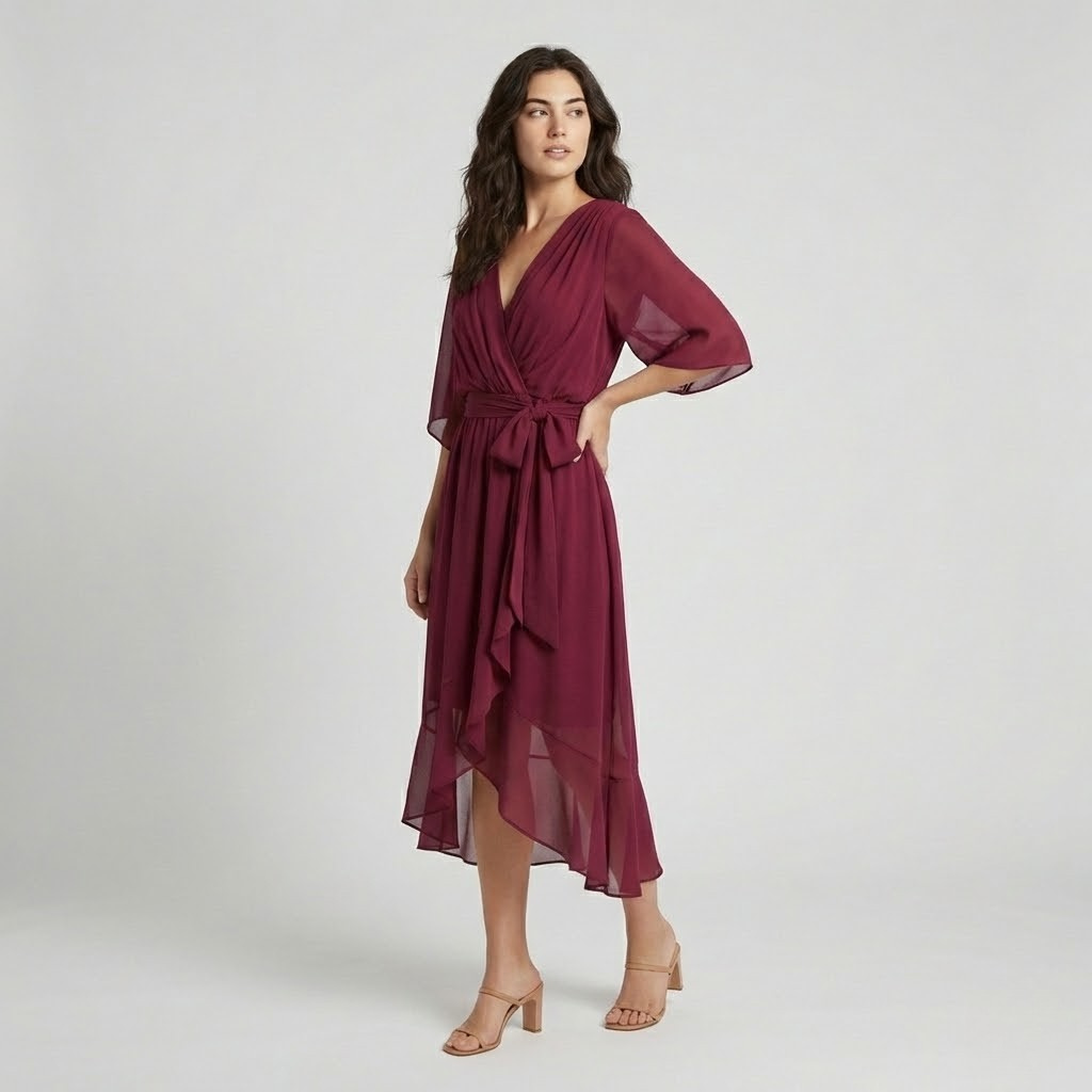 Vestido midi fluido em mistura de viscose | Corte envolvente | Cintura com laço ajustável