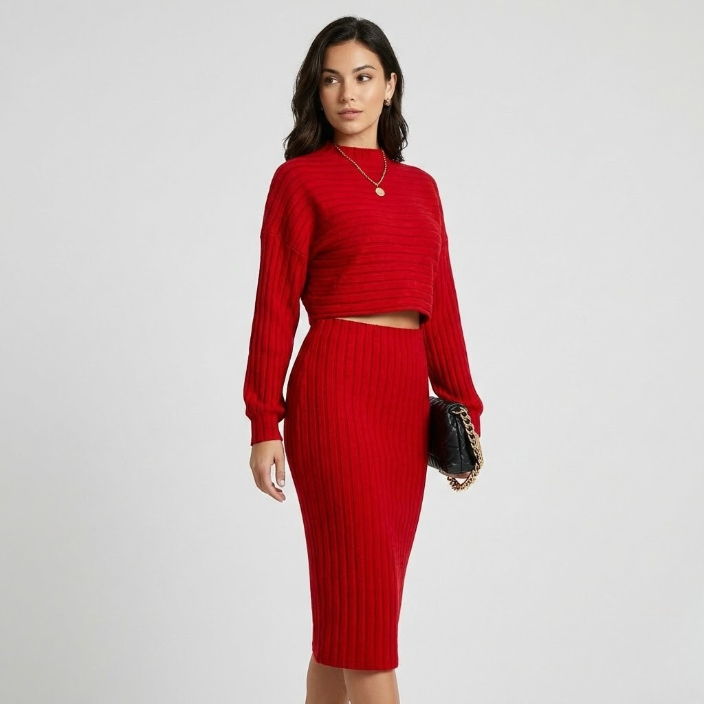 Set elegante em malha canelada | Ajuste feminino | Essencial intemporal