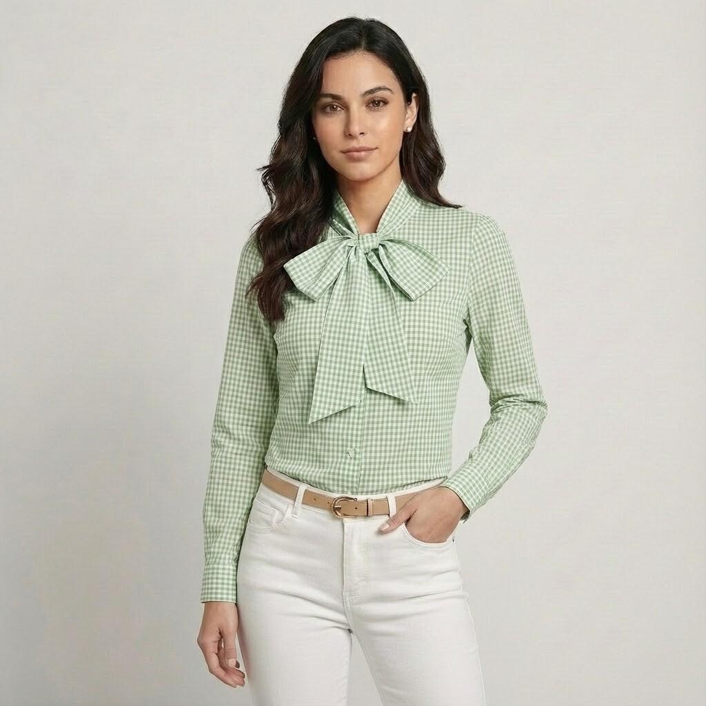 Blusa elegante em mistura de algodão | Corte direito | Laço decorativo no decote