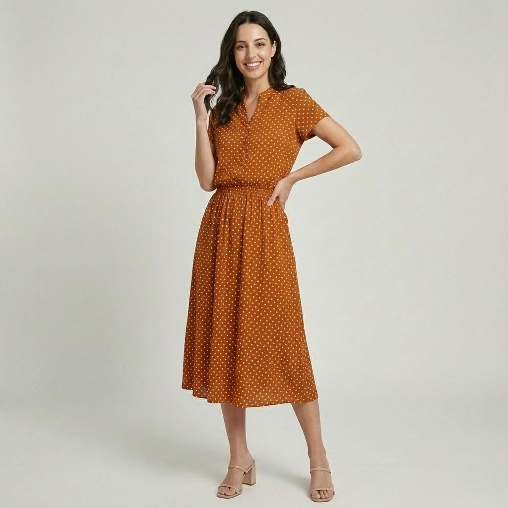 Vestido midi fluido em mistura de algodão | Cintura ajustável | Estilo casual elegante