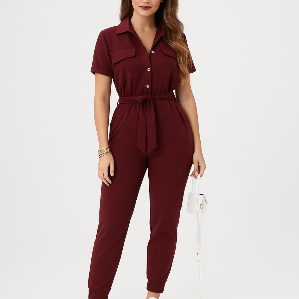 Macacão feminino de manga curta com cintura ajustável